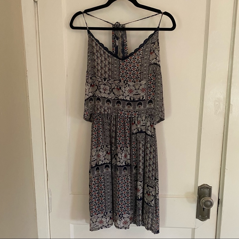 Tiered boho patterned dress w/ lace racer back